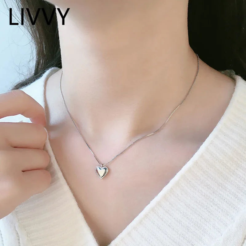 LIVVY Silver Color LOVE Heart Pendant Necklace for Women Personality Design Party Gift Fashion Clavicle Necklace