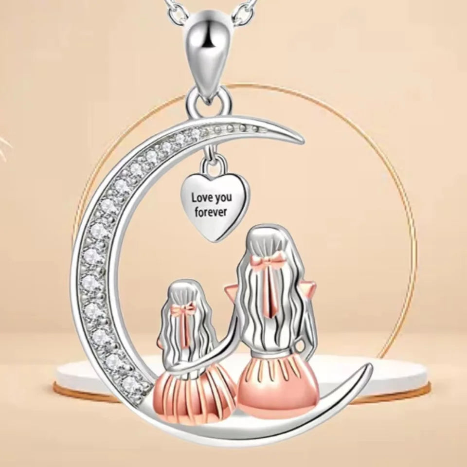 Mom Daughter Family Necklace Love You Forever Silver Color Heart Moon Pendant Zircon Necklaces Women Jewelry Mother's Day Gift