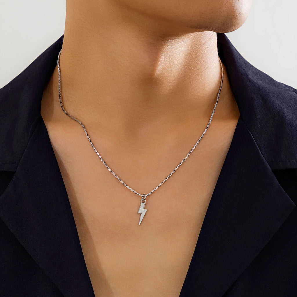 KunJoe 2026 Punk Metal Geometry Lightning Pendant Necklace for Men Simple Silver Color Box Chain Choker Necklace Hip Hop