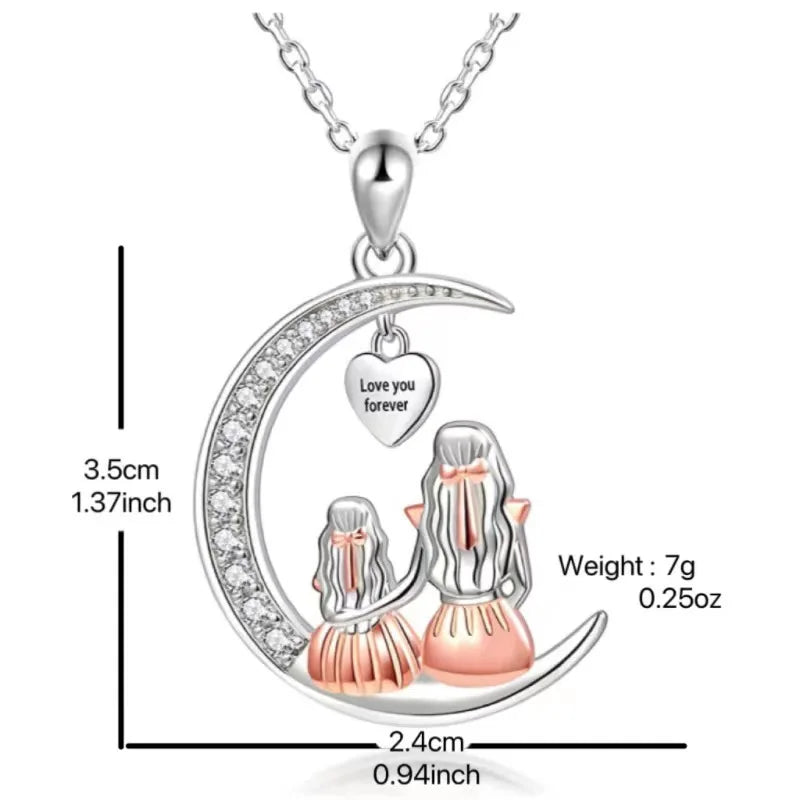 Mom Daughter Family Necklace Love You Forever Silver Color Heart Moon Pendant Zircon Necklaces Women Jewelry Mother's Day Gift