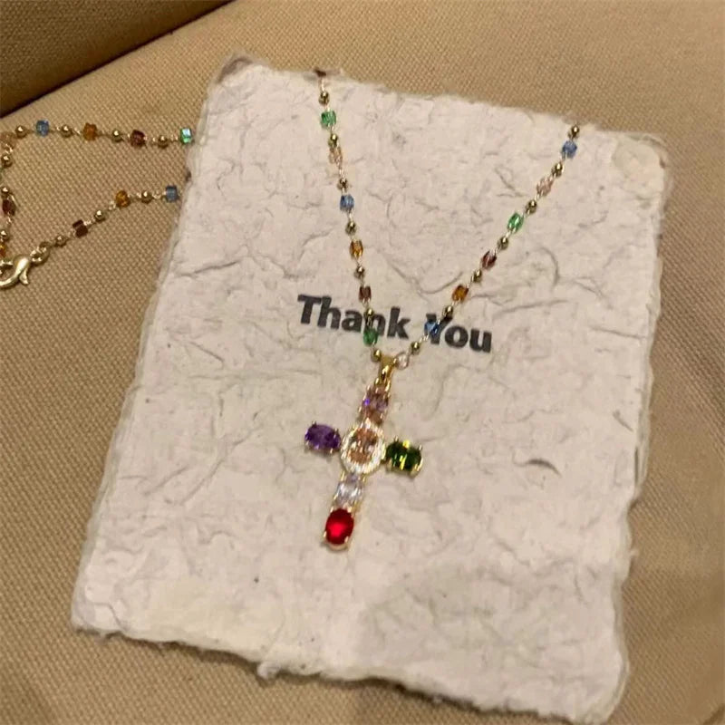 Fashion Colorful Zircon Cross Pendant Necklace For Women Stainless Steel Silver Color Charm Religious Necklaces Jewelry