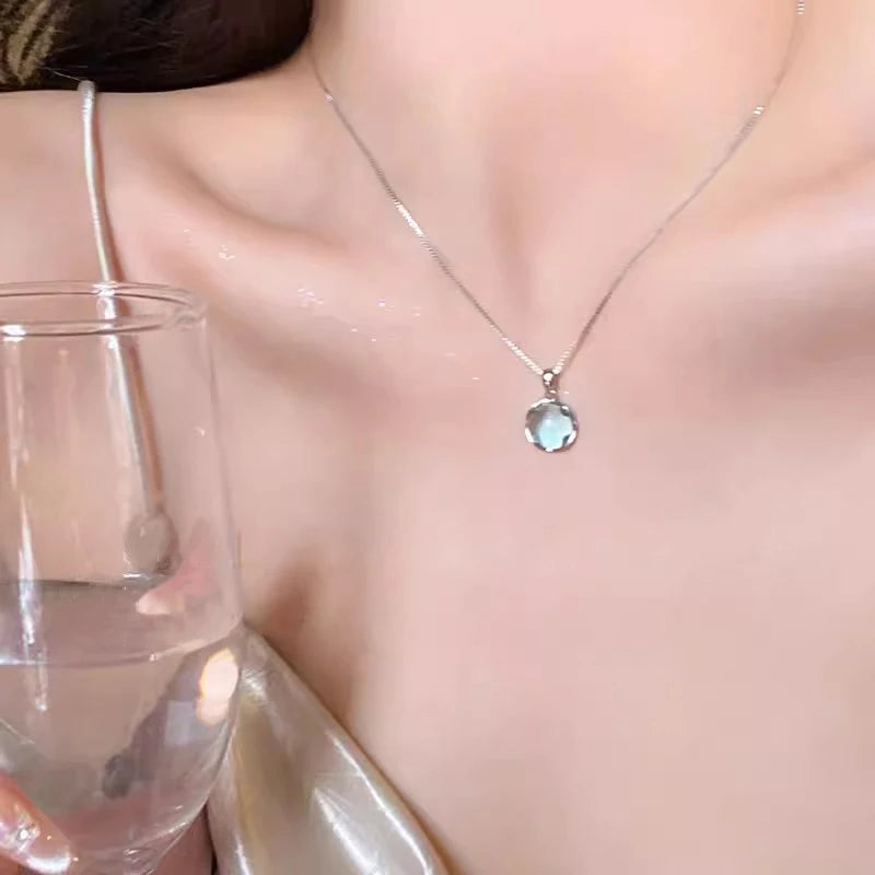 Korean Fashion Colorful Crystal Round Pendant Silver Color Chain Neck Necklace for Women Sweet Wedding Aesthetic Charm Jewelry