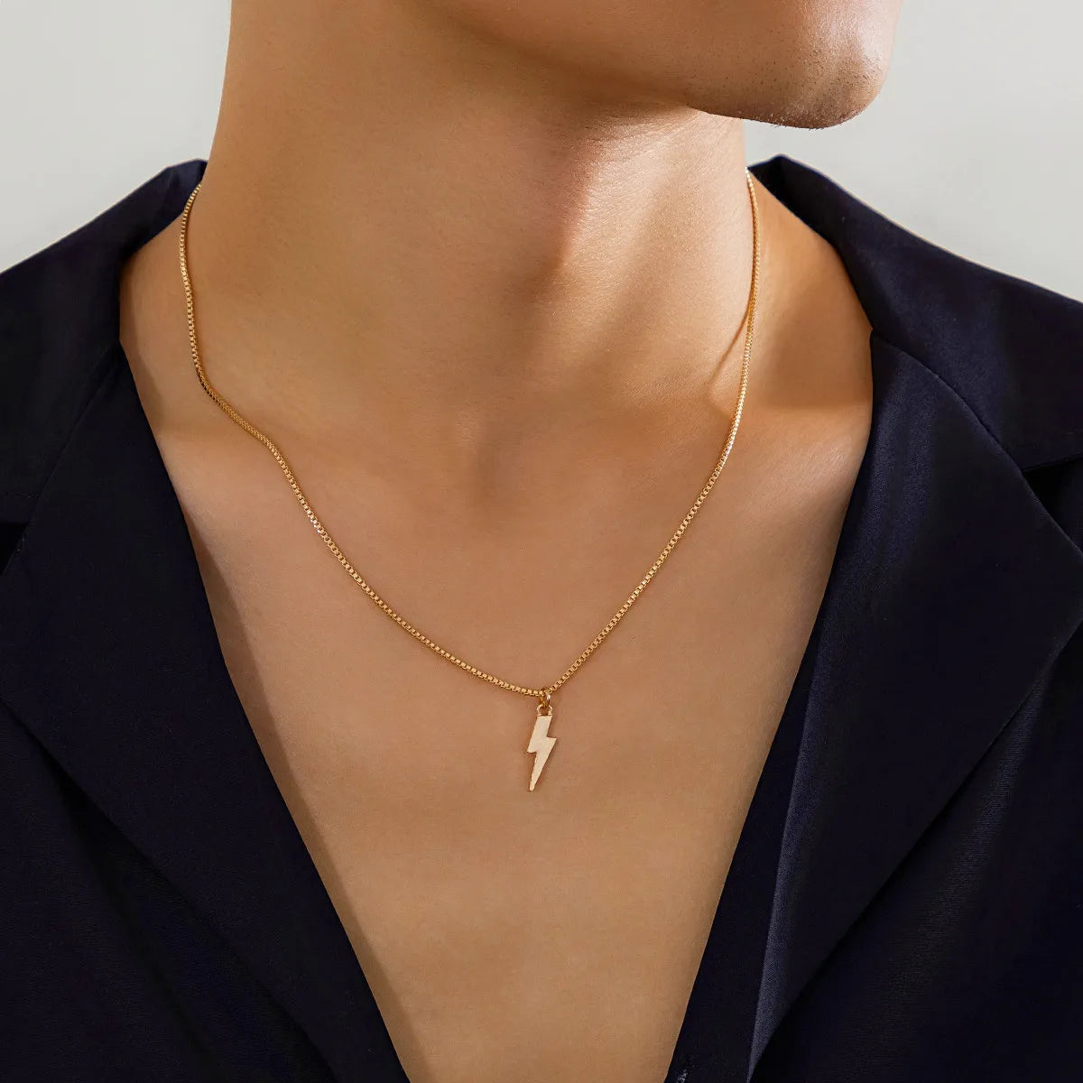 KunJoe 2026 Punk Metal Geometry Lightning Pendant Necklace for Men Simple Silver Color Box Chain Choker Necklace Hip Hop