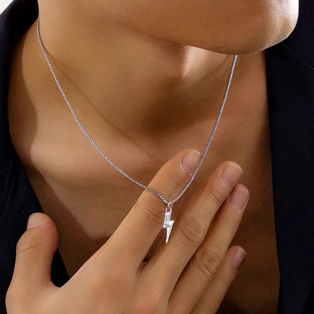 KunJoe 2026 Punk Metal Geometry Lightning Pendant Necklace for Men Simple Silver Color Box Chain Choker Necklace Hip Hop