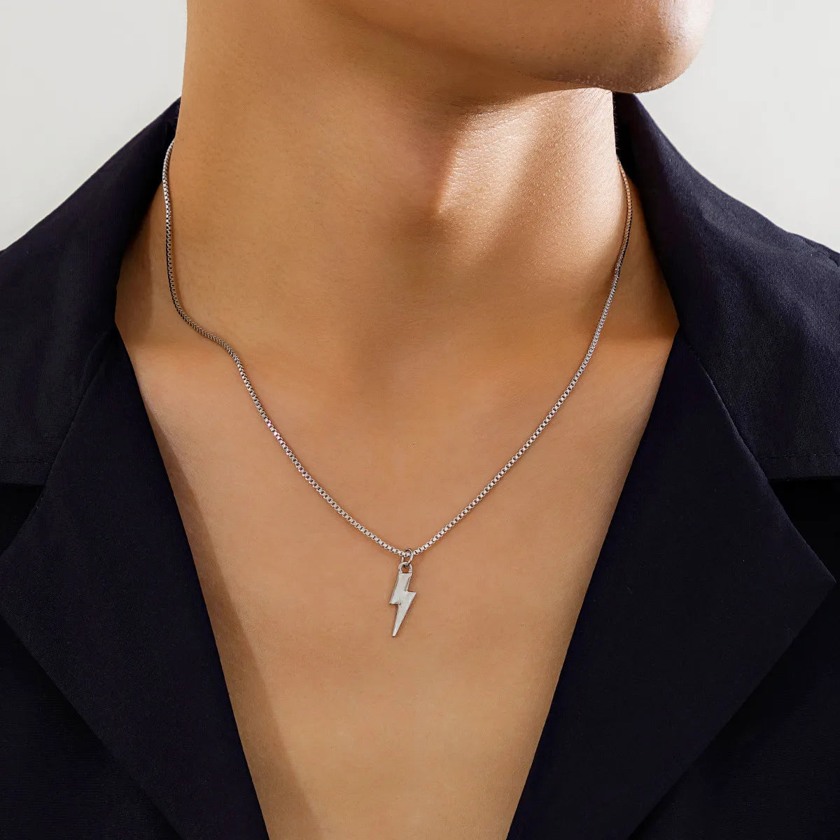 KunJoe 2026 Punk Metal Geometry Lightning Pendant Necklace for Men Simple Silver Color Box Chain Choker Necklace Hip Hop