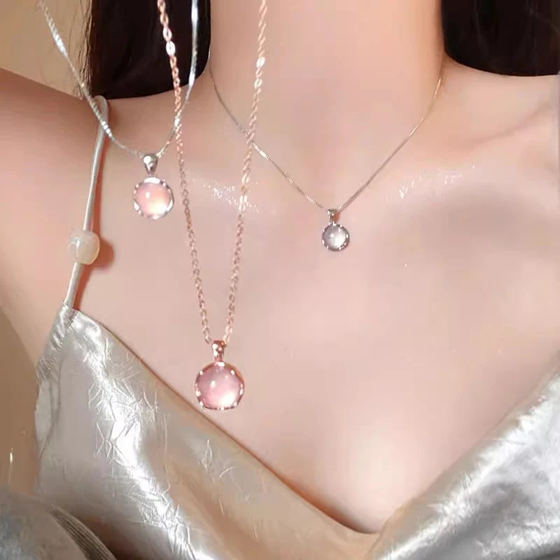 Korean Fashion Colorful Crystal Round Pendant Silver Color Chain Neck Necklace for Women Sweet Wedding Aesthetic Charm Jewelry