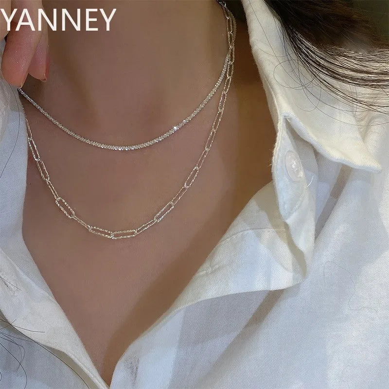 925 Silver 40-75cm Silver Shiny Necklace Women Fashion Clavicle Necklace Korean Party Wedding Jewelry Accessories Girls