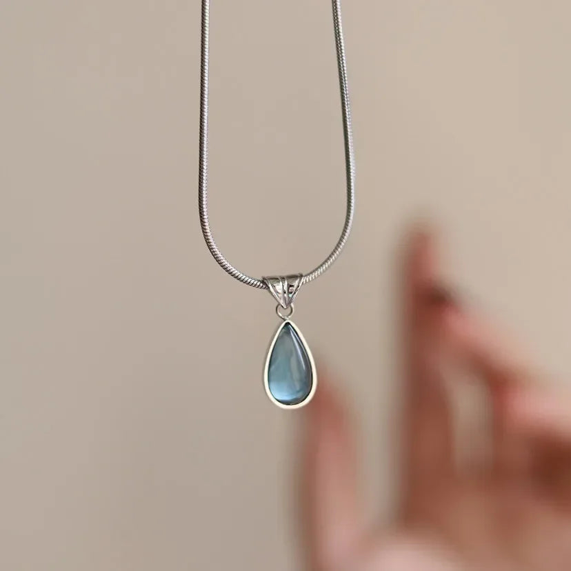 Silver Color Oval Aquamarine Pendant Necklace Ladies Girls Luxury Snake Chain Necklace Fashion Jewelry Gifts for Women 2024 New