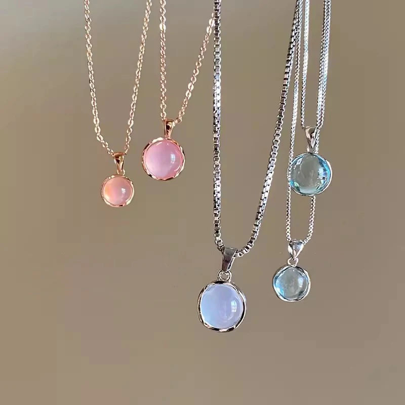 Korean Fashion Colorful Crystal Round Pendant Silver Color Chain Neck Necklace for Women Sweet Wedding Aesthetic Charm Jewelry