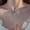 1PCS Double Layer Clavicle Chain Cool Neck Chain Fashion Shiny Butterfly Necklace Ladies Exquisite For Women Jewelry Gift