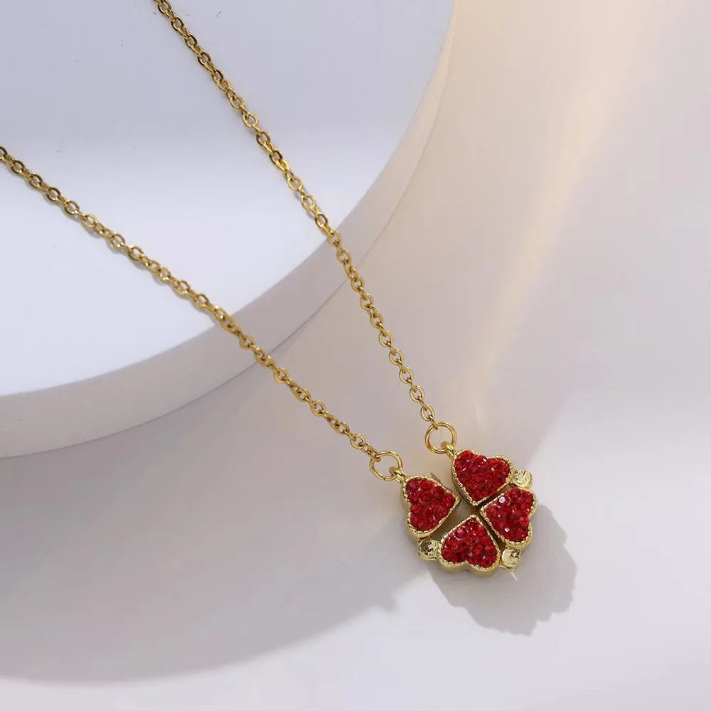 316L Stainless Steel Love Magnetic Pendant Necklace for Women Clover Choker Heart Shaped Open Necklace Crystal Jewelry BffGift