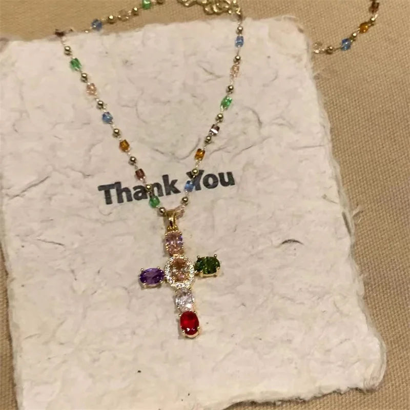 Fashion Colorful Zircon Cross Pendant Necklace For Women Stainless Steel Silver Color Charm Religious Necklaces Jewelry